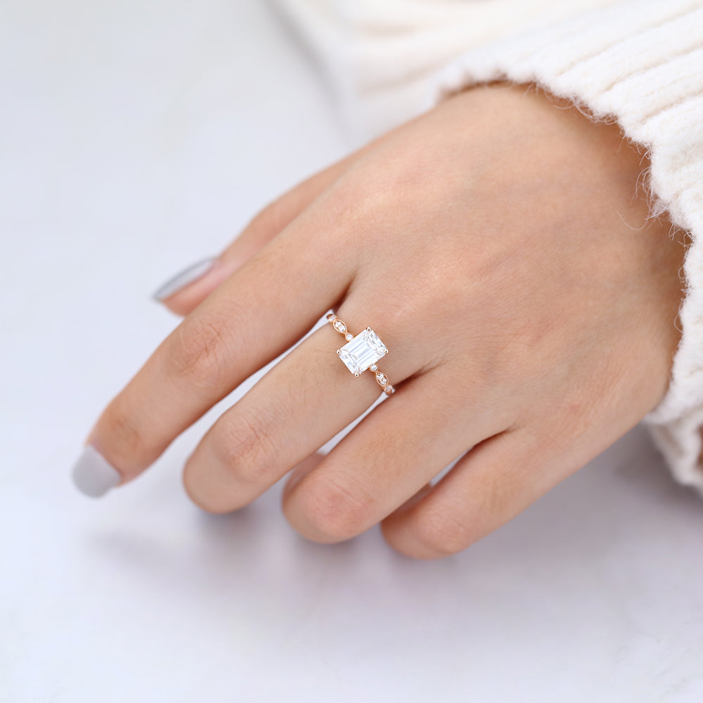 1.6 CT Emerald Milgrain Pave Lab-Grown Diamond Engagement Ring