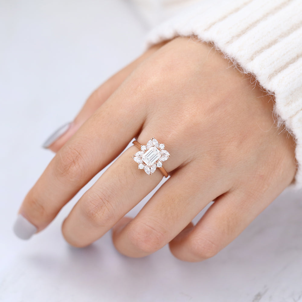 0.92 CT Emerald Cluster Lab-Grown Diamond Engagement Ring