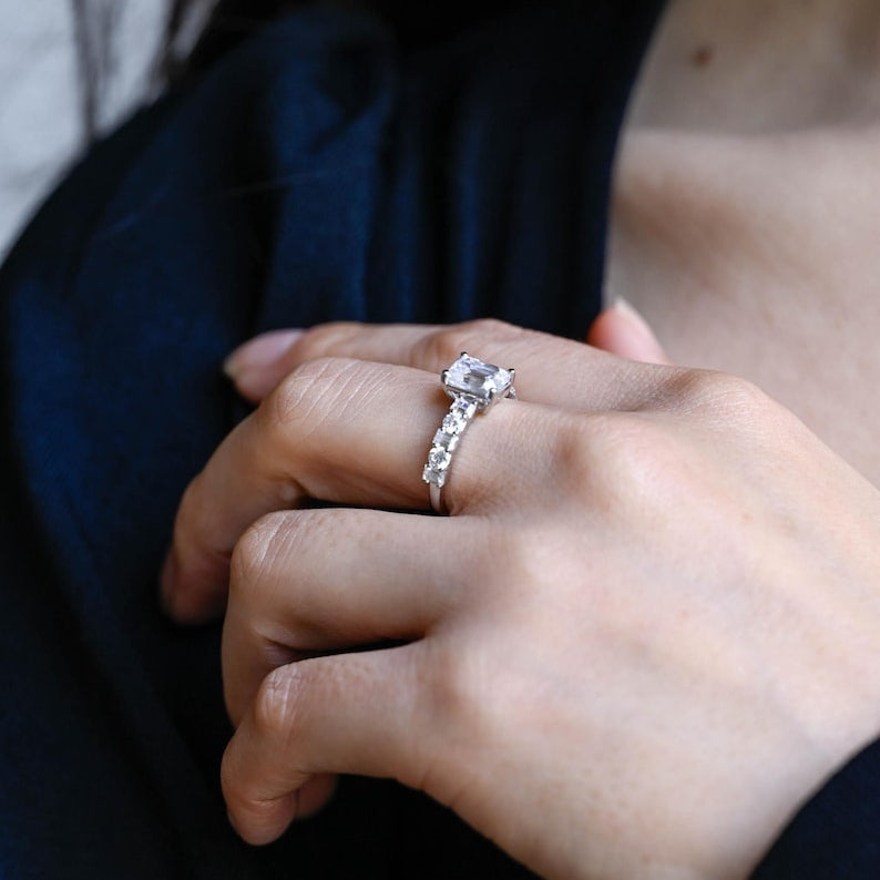 Stunning 1.0 - 2.0 CT Emerald Moissanite Engagement Ring with Pave Design 6