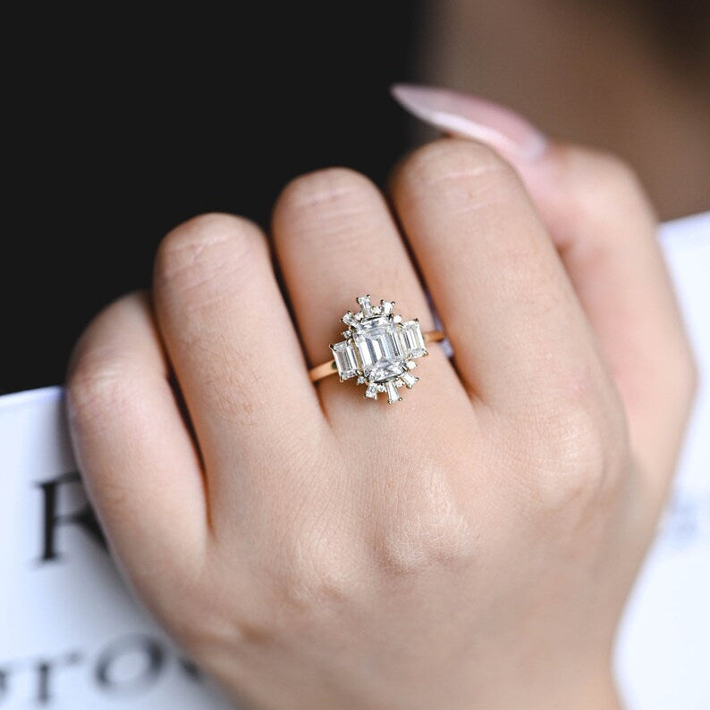 Stunning 1.0 - 2.0 CT Emerald Moissanite Engagement Ring With Cluster Design 2