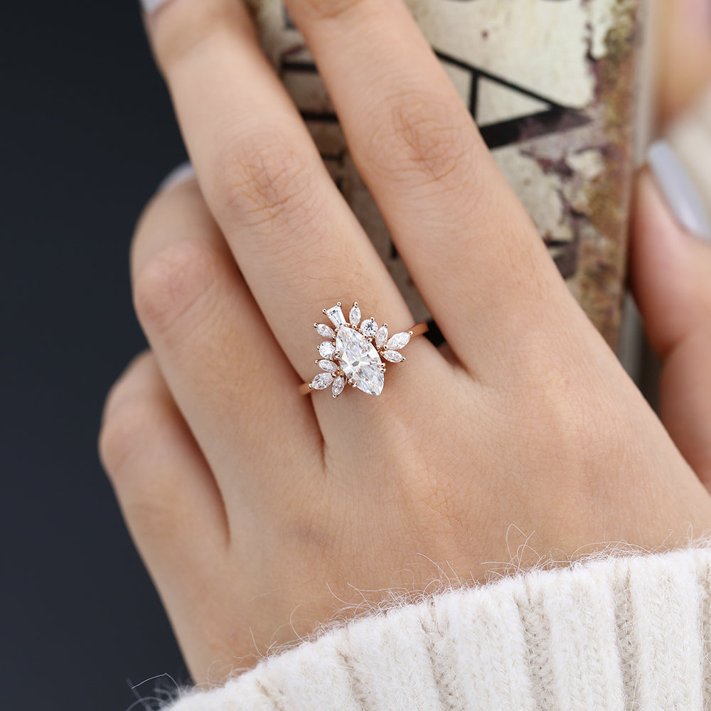 0.9 CT Marquise Cluster Moissanite Engagement Ring
