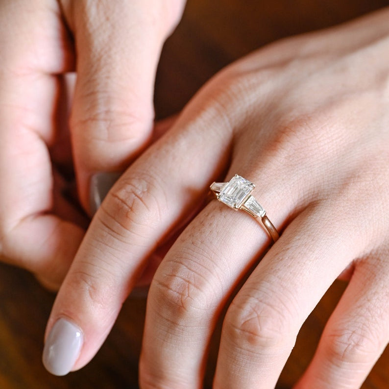 Stunning 1.0 - 2.0 CT Emerald Moissanite Engagement Ring with Three Stone Design 7