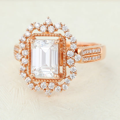 1.6 CT Emerald Cluster & Pave Moissanite Engagement Ring