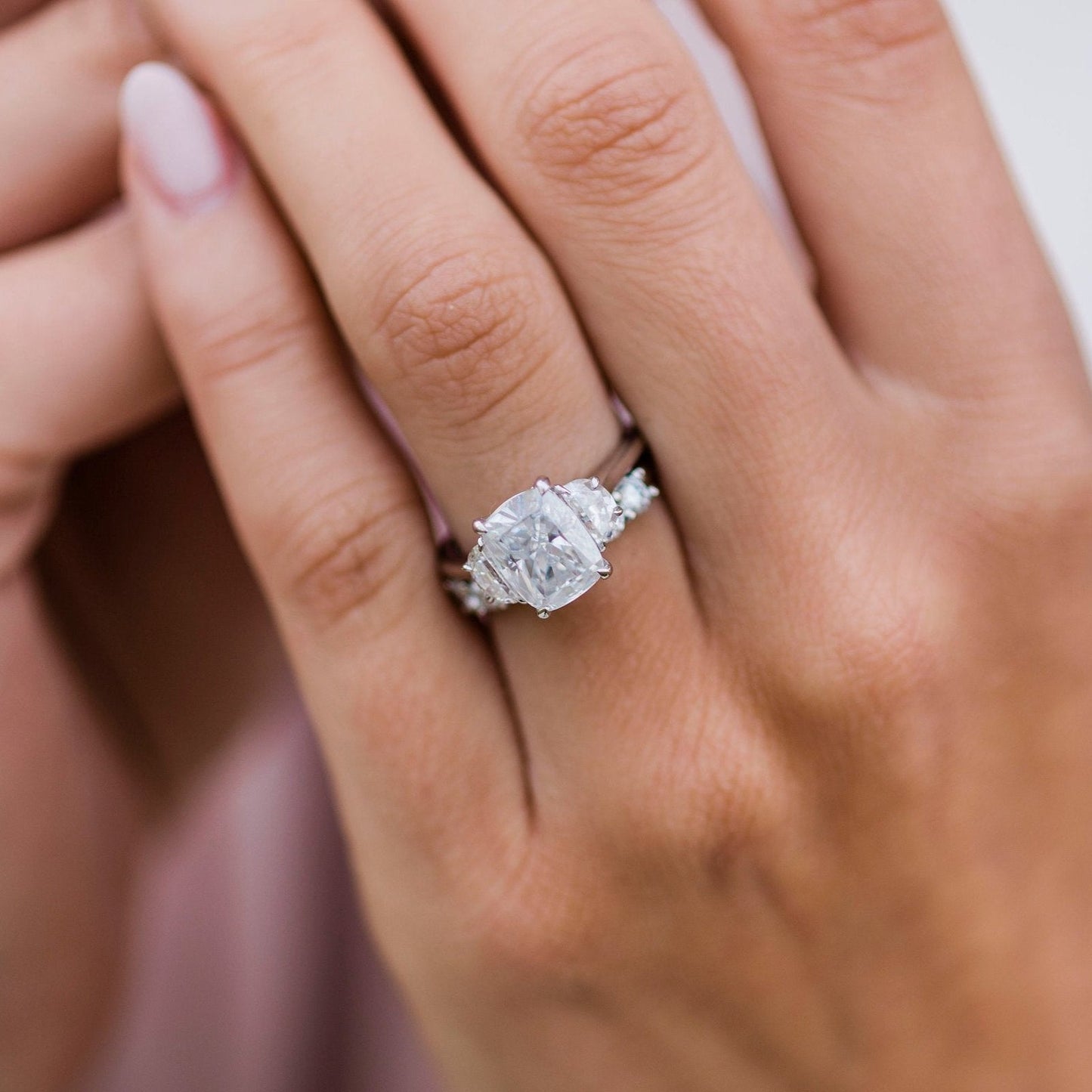 2.5 CT Elongated Cushion Three Stone Lab Grown Diamond Engagement Ring