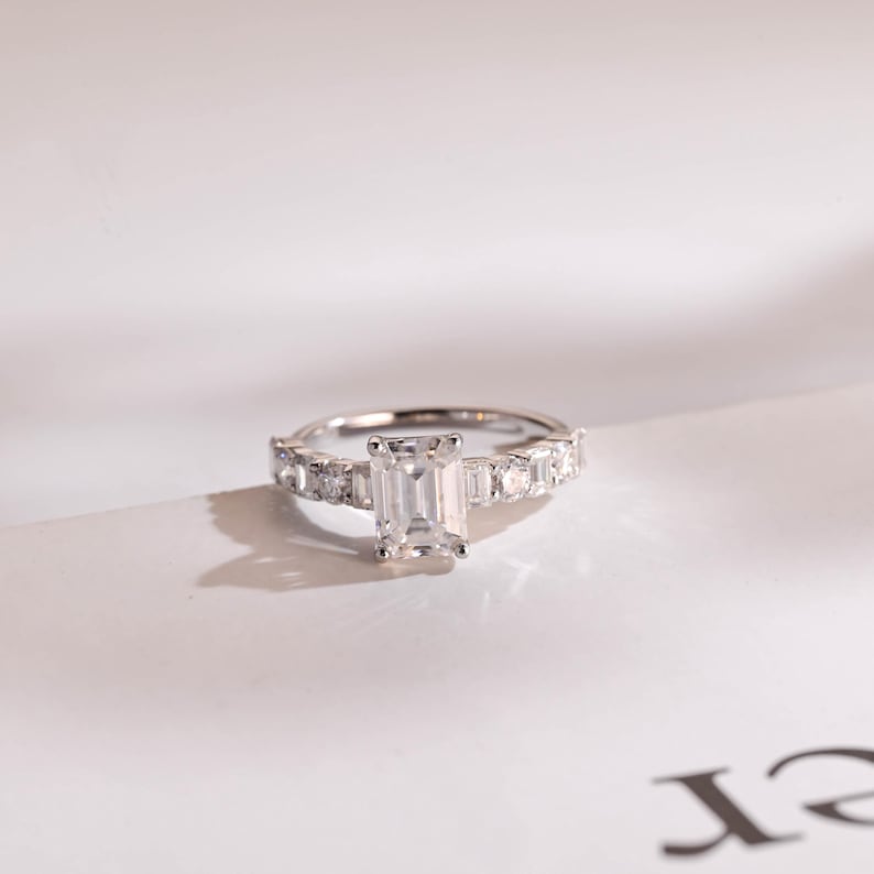 Stunning 1.0 - 2.0 CT Emerald Moissanite Engagement Ring with Pave Design 1