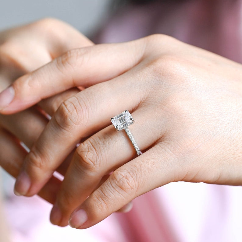 Stunning 1.0 - 2.0 CT Emerald Moissanite Engagement Ring with Hidden Halo Design 10