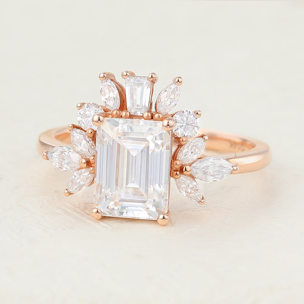 1.6 CT Emerald Cluster Moissanite Engagement Ring