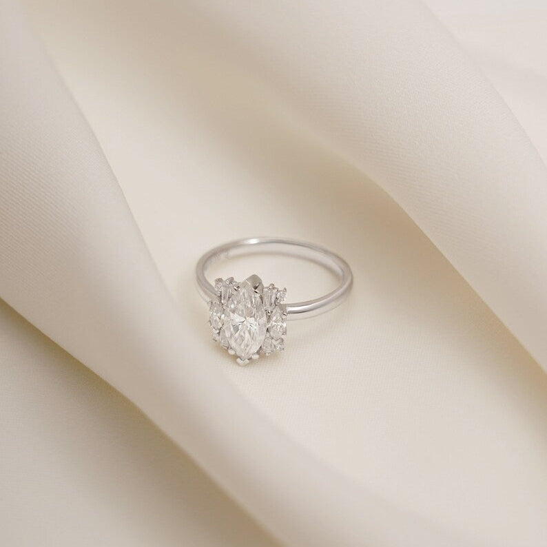 Stunning 1.0 - 2.0 CT Marquise Moissanite Engagement Ring with Cluster Design 4