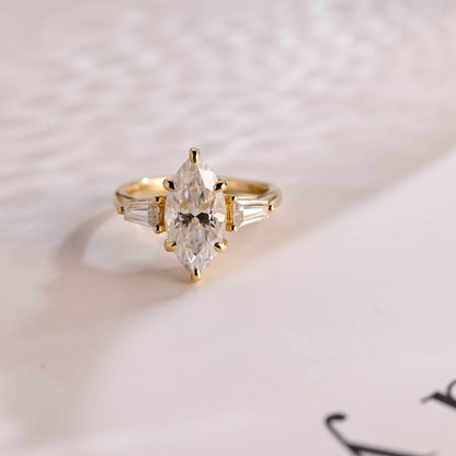 Stunning 1.0 - 2.0 CT Marquise Moissanite Engagement Ring with Three Stone and Hidden Halo Design 1