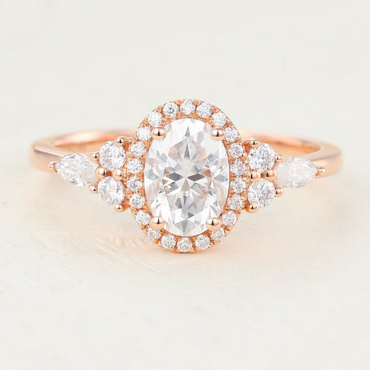 0.84 CT Oval Cluster Moissanite Engagement Ring