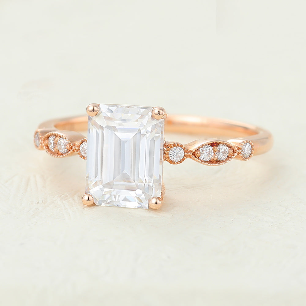 1.6 CT Emerald Milgrain Pave Moissanite Engagement Ring