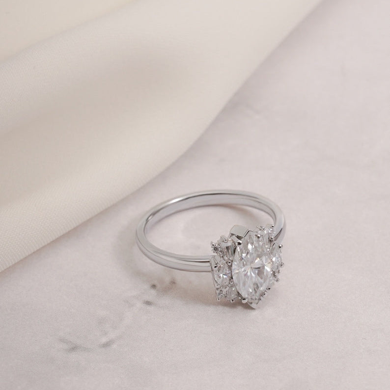 Stunning 1.0 - 2.0 CT Marquise Moissanite Engagement Ring with Cluster Design 3