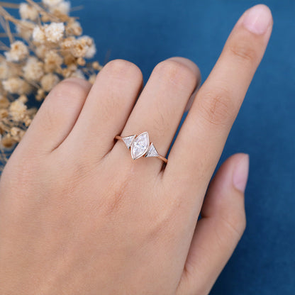 0.9 CT Marquise Bezel & Three Stone Lab Grown Diamond Engagement Ring