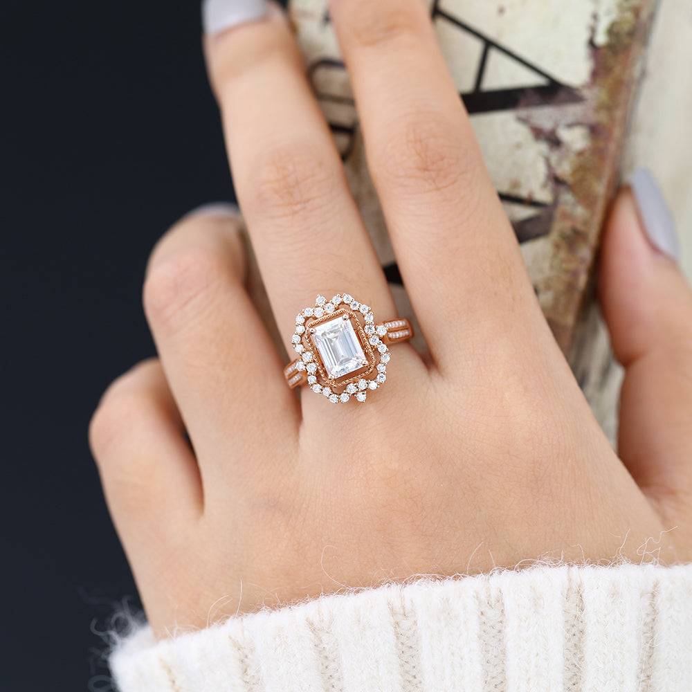 1.6 CT Emerald Cluster & Pave Moissanite Engagement Ring