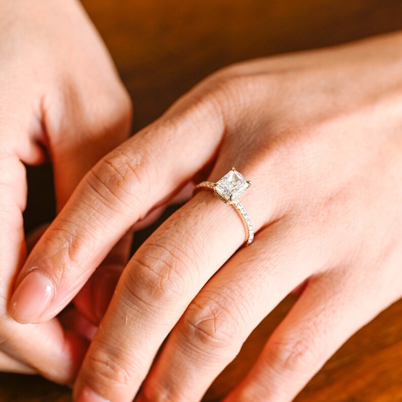 Stunning 1.0 - 2.0 CT Radiant Moissanite Engagement Ring with Pave & Hidden Halo Design 6