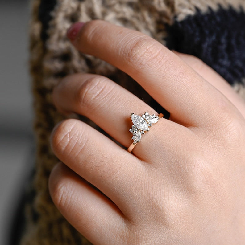 Stunning 1.0 - 2.0 CT Marquise Moissanite Engagement Ring with Cluster Design 2