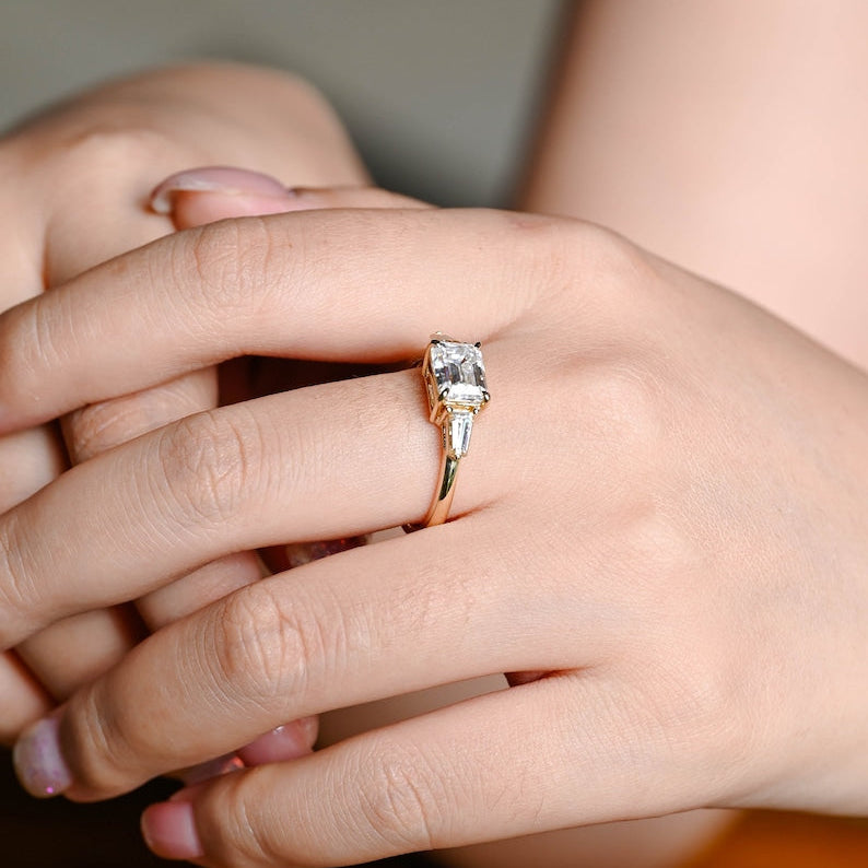 Stunning 1.0 - 2.0 CT Emerald Moissanite Engagement Ring with Three Stone Design 3