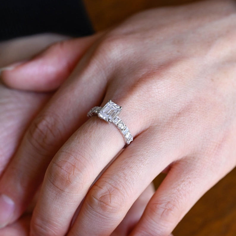 Stunning 1.0 - 2.0 CT Emerald Moissanite Engagement Ring with Pave Design 2