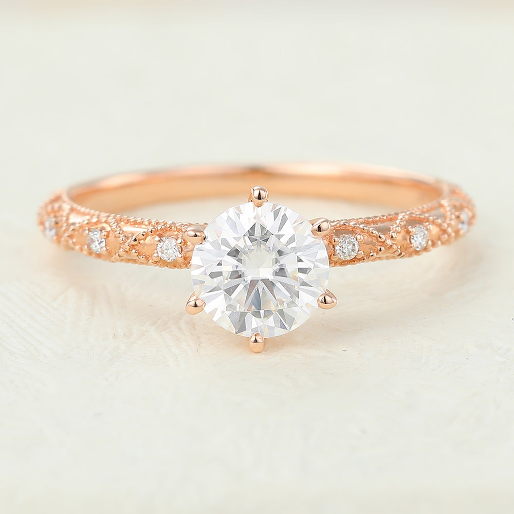 0.68 CT Round Milgrain Pave Moissanite Engagement Ring