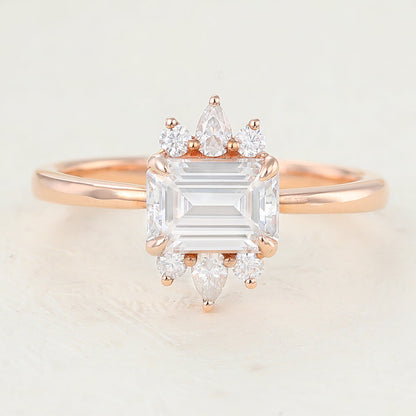 0.92 CT Emerald Cluster Moissanite Engagement Ring