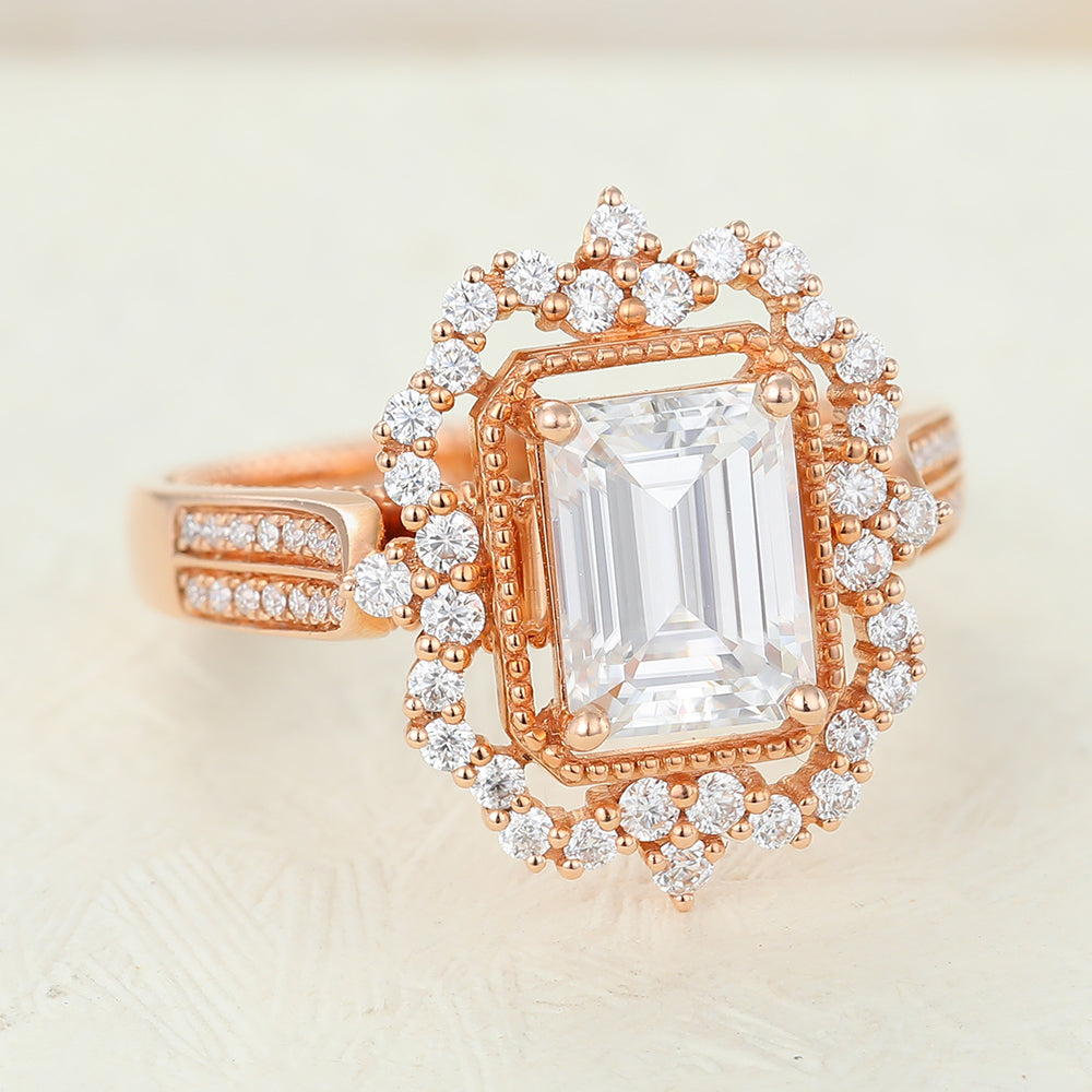 1.6 CT Emerald Cluster & Pave Moissanite Engagement Ring