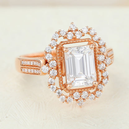 1.6 CT Emerald Cluster & Pave Moissanite Engagement Ring