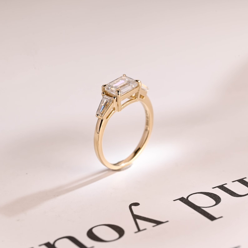 Stunning 1.0 - 2.0 CT Emerald Moissanite Engagement Ring with Three Stone Design 8