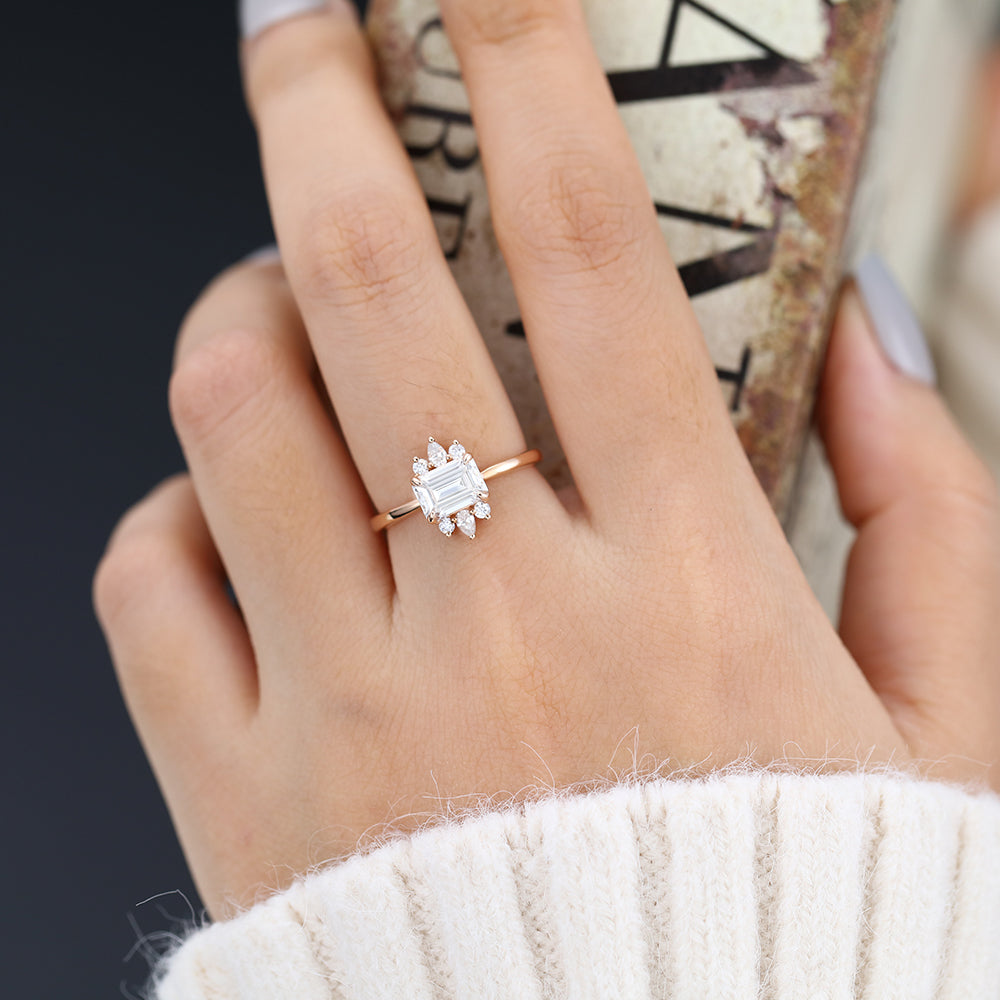 0.92 CT Emerald Cluster Moissanite Engagement Ring