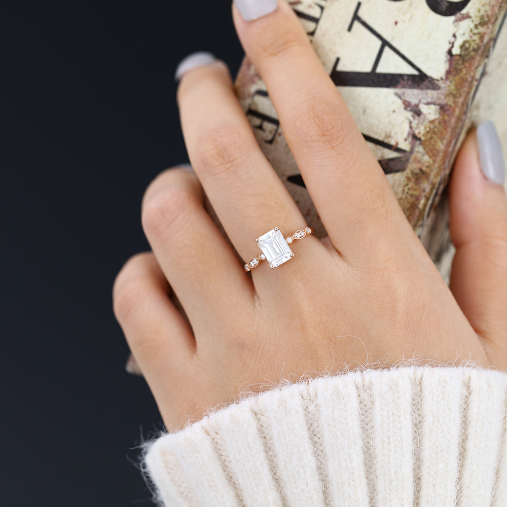 1.6 CT Emerald Milgrain Pave Lab-Grown Diamond Engagement Ring